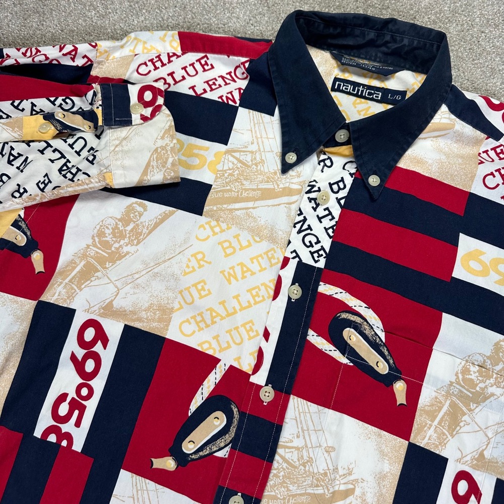 Nautica Mens L Button Down Shirt Red Blue Nautical Sailing Print Vintage 90s
